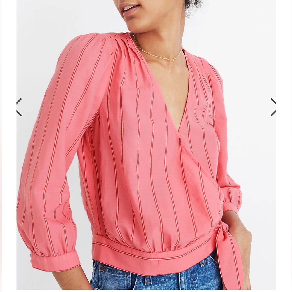 Madewell pink stripe Cecilia wrap blouse, 3/4 length sleeves 100% cotton, medium